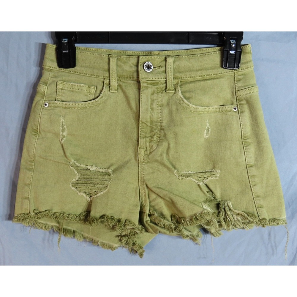SNEAK PEEK Light Army Green Denim Shorts DESTROYED CUT-OFF Stretch High-Rise S